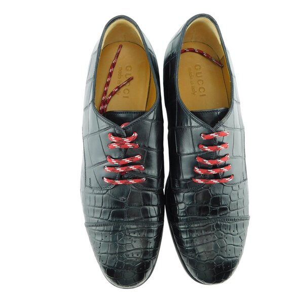 GUCCI Black Crocodile Leather Logo Heel Oxfords Shoes 8 UK - Picture 4 of 11